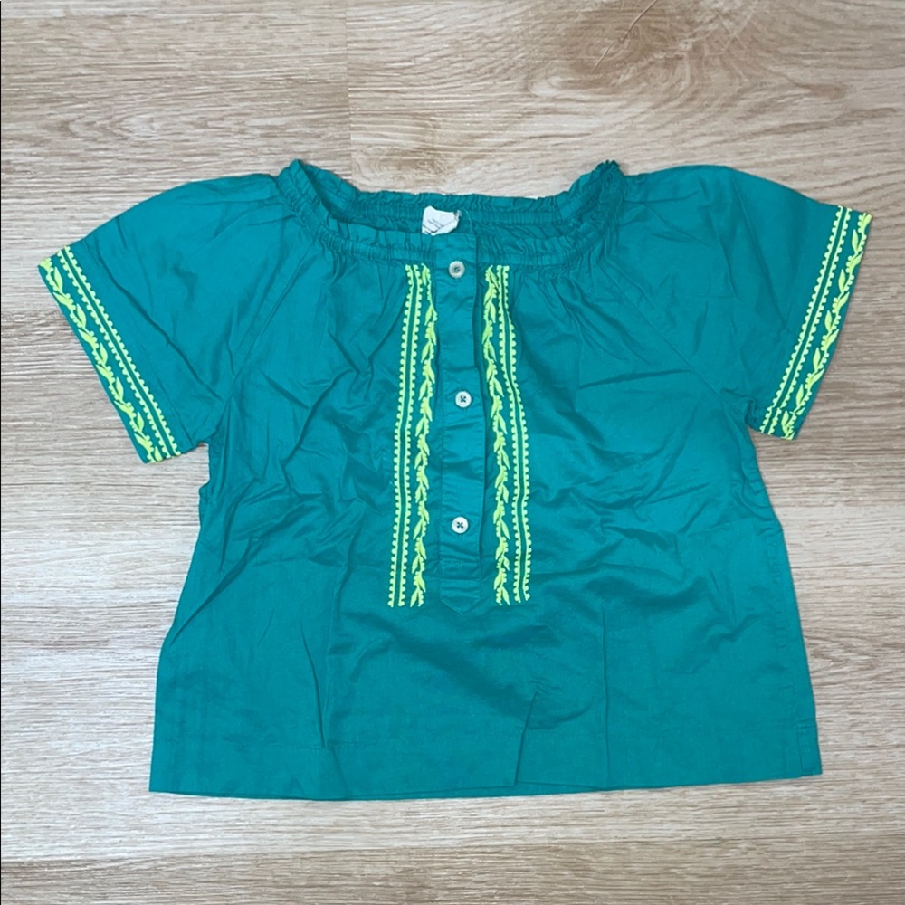 Crewcuts embroidered Teal Aqua Neon Green Embroidered Blouse Girl’s Small 6/7